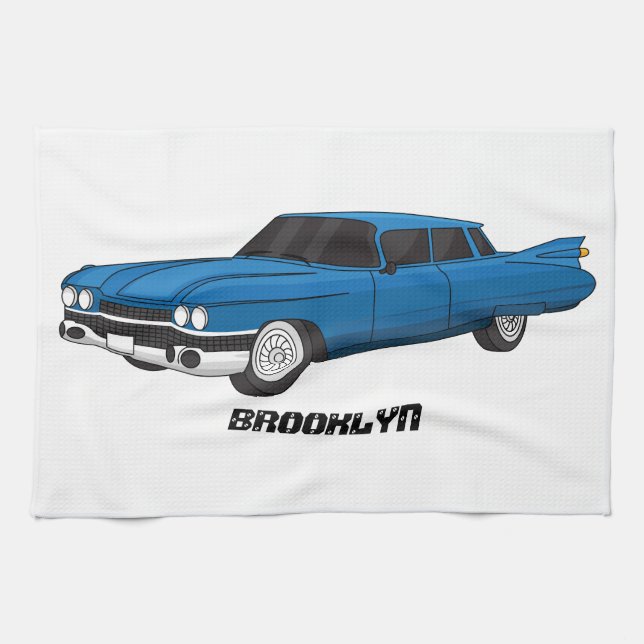 Cool blue 1959 classic car kitchen towel (Horizontal)