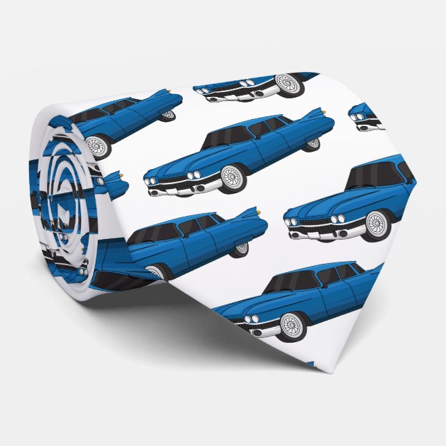 Cool blue 1959 classic car neck tie (Rolled)