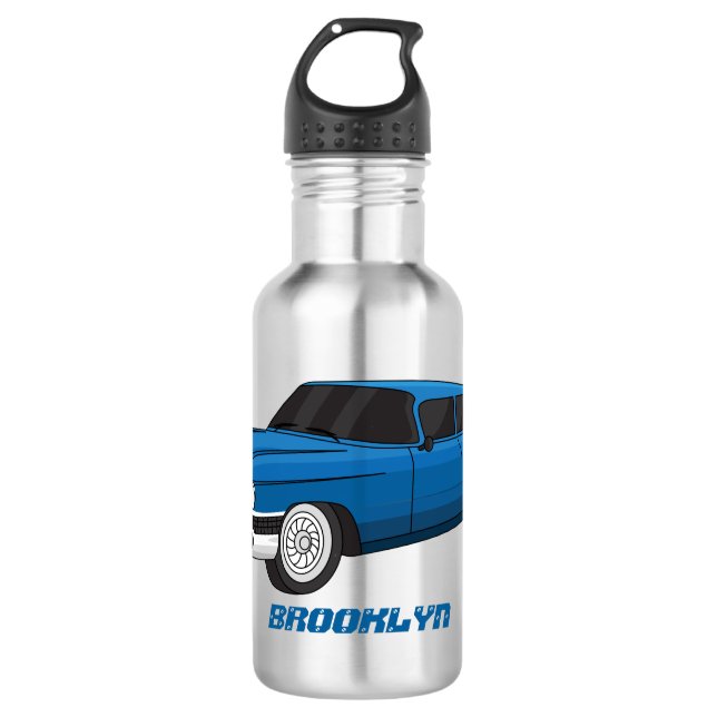 Cool blue 1959 classic car  stainless steel water bottle (Front)