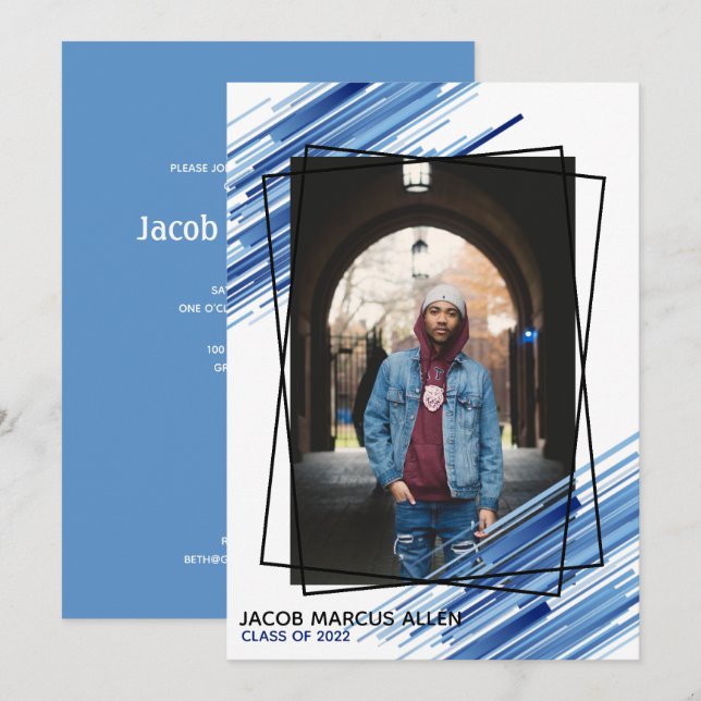 Cool Blue Abstract Photo Graduation Invitation (Front/Back)