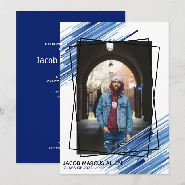 Cool Blue Abstract Photo Graduation Invitation (Front/Back)