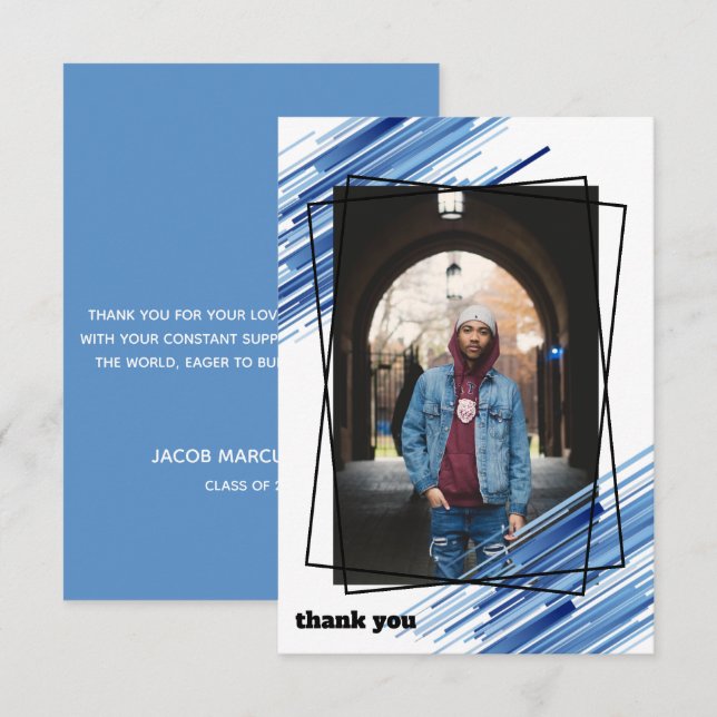 Cool Blue Abstract Photo Graduation Thank You Card (Front/Back)