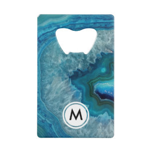 Cool Blue Agate Pattern with Monogram Credit Card Bottle Opener