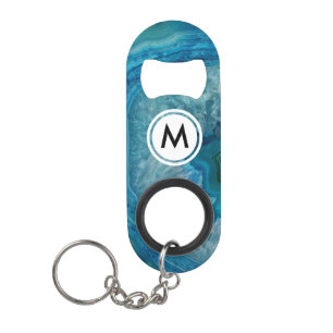 Cool Blue Agate Pattern with Monogram Keychain Bottle Opener