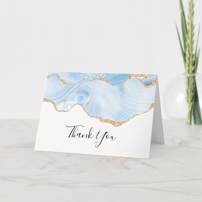 Cool Blue Agate with Gold Glitter Ribbon Thank You Card (Front)