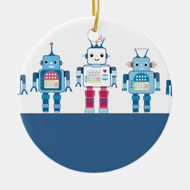Cool Blue and Red Robots Novelty Gifts Ceramic Ornament (Front)