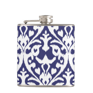 Cool blue and white ikat tribal pattern hip flask