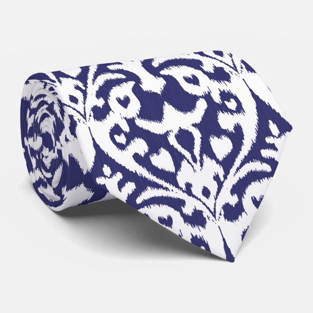 Cool blue and white ikat tribal pattern neck tie (Rolled)