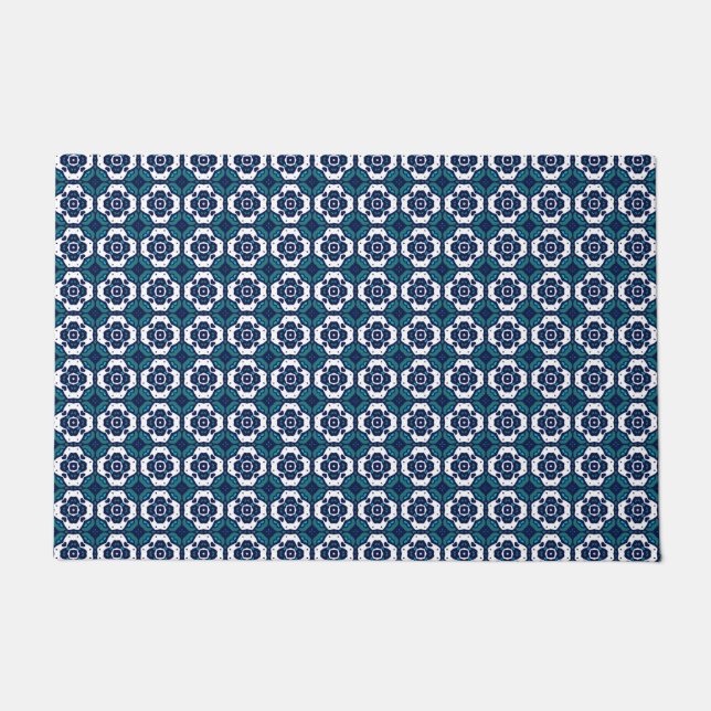 Cool Blue and White Mosaic Pattern Doormat (Front)