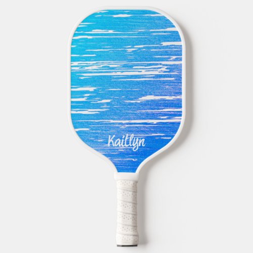 Cool Blue and White Script Name Pickleball Paddle