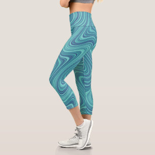 Cool Blue/Aqua/Turquoise Curvy Lined Abstract Capri Leggings
