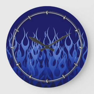 Cool Blue Automotive Racing Flames Large Clock