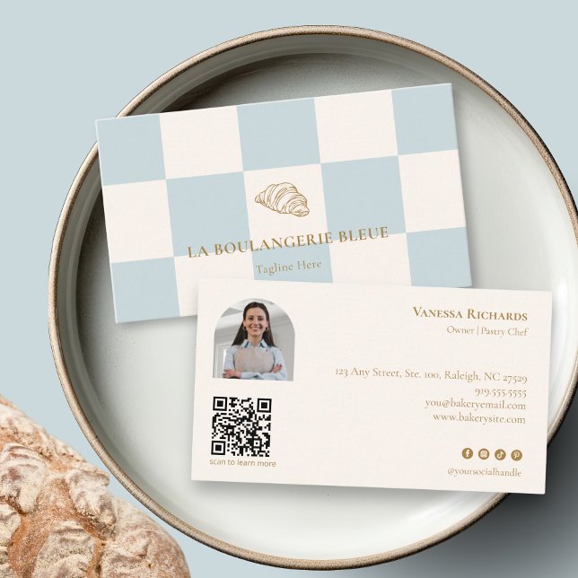 Cool Blue Bakery Croissant QR Photo  Business Card (Creator Uploaded)