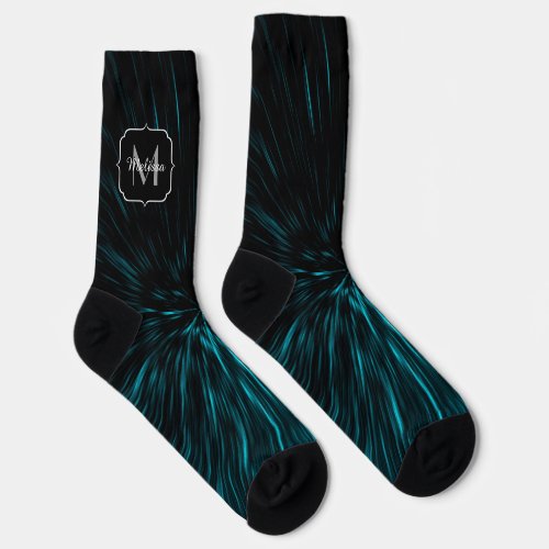 Cool Blue black Hypergalaxy Abstract Line Monogram Socks