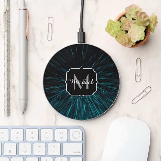 Cool Blue black Hypergalaxy Abstract Line Monogram Wireless Charger (Desk)