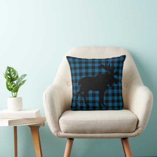 Cool Blue Black Lumberjack Tartan Squares Pattern Throw Pillow