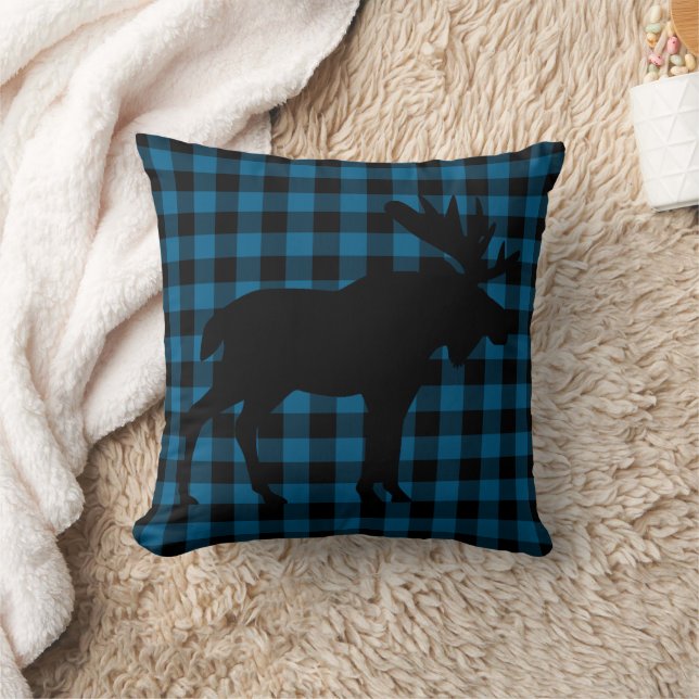 Cool Blue Black Lumberjack Tartan Squares Pattern Throw Pillow (Blanket)