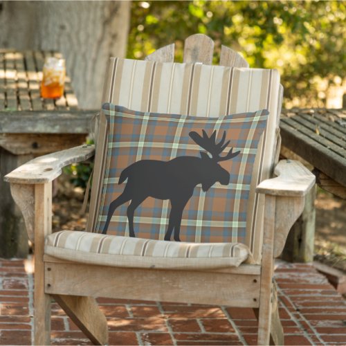 Cool Blue Brown Light Yellow Lumberjack Pattern Outdoor Pillow