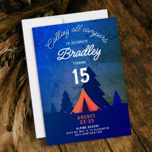 Cool Blue Campfire Outdoor Glamping 15th Woodland Invitation