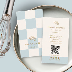Cool Blue Checkered Cafe Croissant QR Bakery Business Card