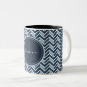 Cool Blue Chevron Pattern Monogram Two-Tone Coffee Mug (Front Right)