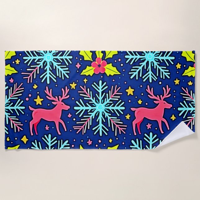 Cool Blue Christmas Reindeer Pattern Design Beach Towel (Front)