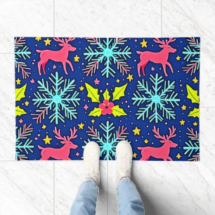 Cool Blue Christmas Reindeer Pattern Design Doormat