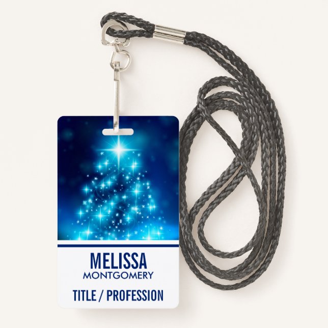 Cool Blue Christmas Tree with Sparkling Lights Badge (Front with Lanyard)
