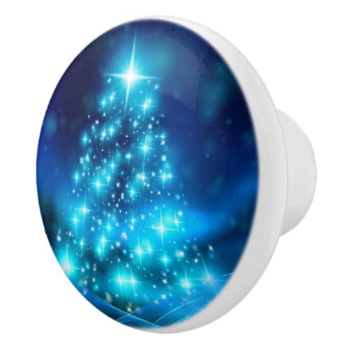 Cool Blue Christmas Tree with Sparkling Lights Ceramic Knob