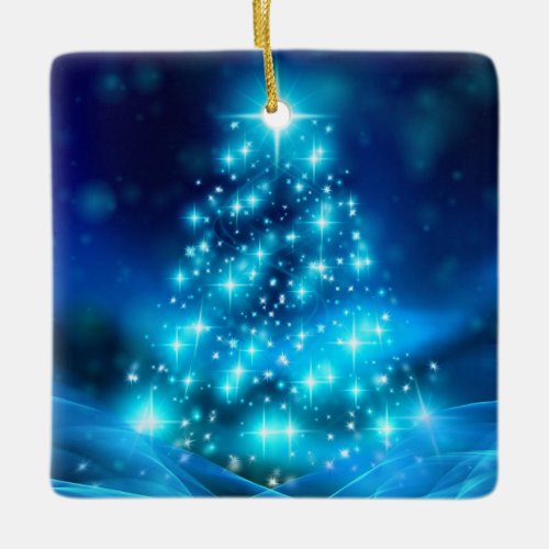 Cool Blue Christmas Tree with Sparkling Lights Ceramic Ornament