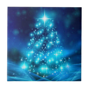 Cool Blue Christmas Tree with Sparkling Lights Ceramic Tile