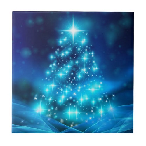 Cool Blue Christmas Tree with Sparkling Lights Ceramic Tile