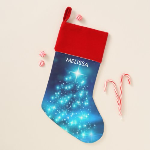Cool Blue Christmas Tree with Sparkling Lights Christmas Stocking