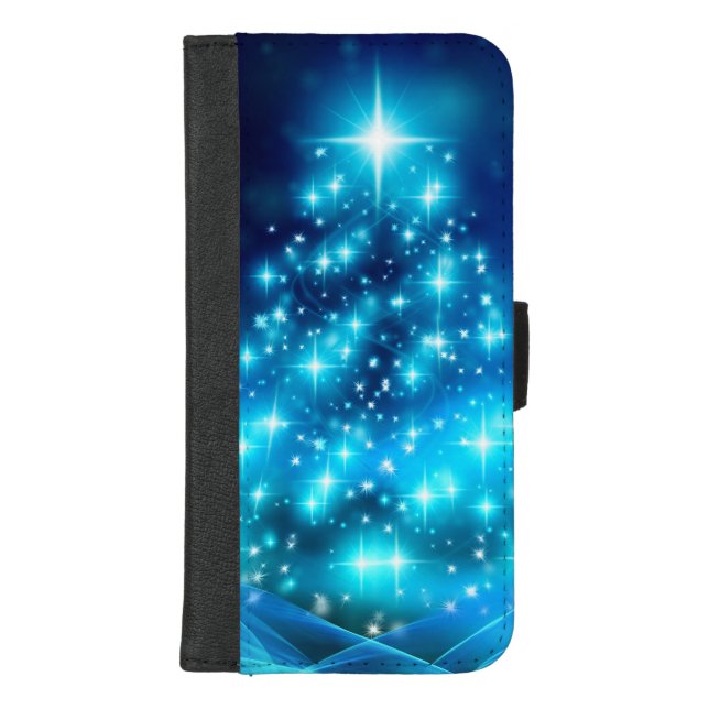 Cool Blue Christmas Tree with Sparkling Lights iPhone Wallet Case (Front)