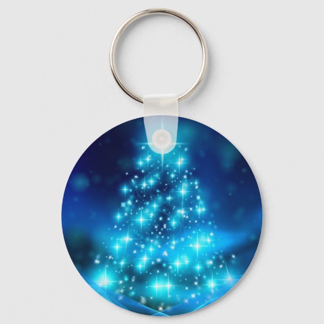 Cool Blue Christmas Tree with Sparkling Lights Keychain (Front)