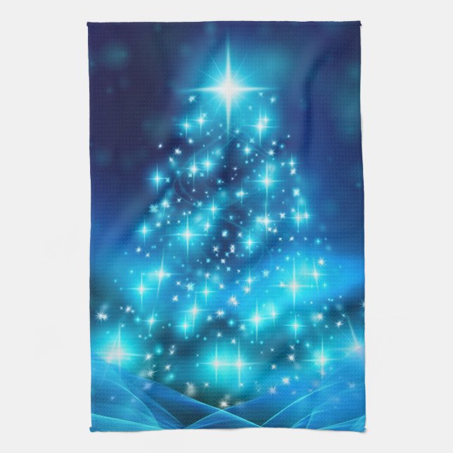 Cool Blue Christmas Tree with Sparkling Lights Kitchen Towel (Vertical)