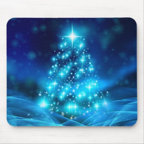 Cool Blue Christmas Tree with Sparkling Lights Mouse Pad