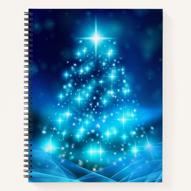 Cool Blue Christmas Tree with Sparkling Lights Notebook (Front)
