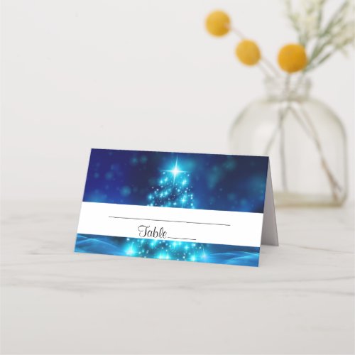 Cool Blue Christmas Tree with Sparkling Lights Place Card