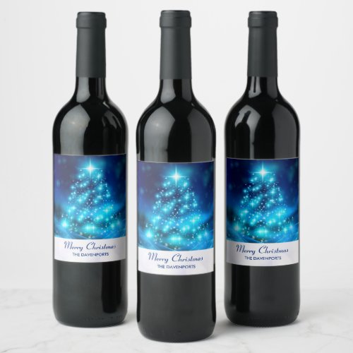 Cool Blue Christmas Tree with Sparkling Lights Wine Label