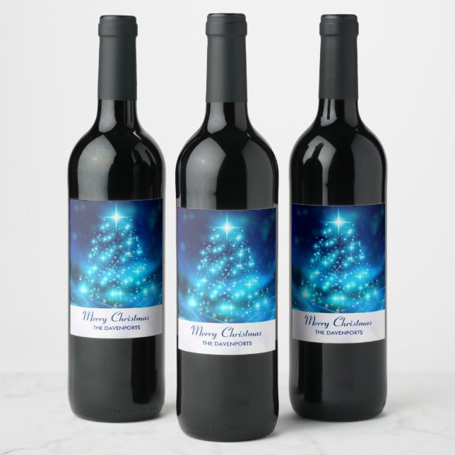 Cool Blue Christmas Tree with Sparkling Lights Wine Label (Bottles)