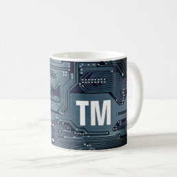 Cool Blue Circuit Board Photo Bold Monogram Coffee Mug
