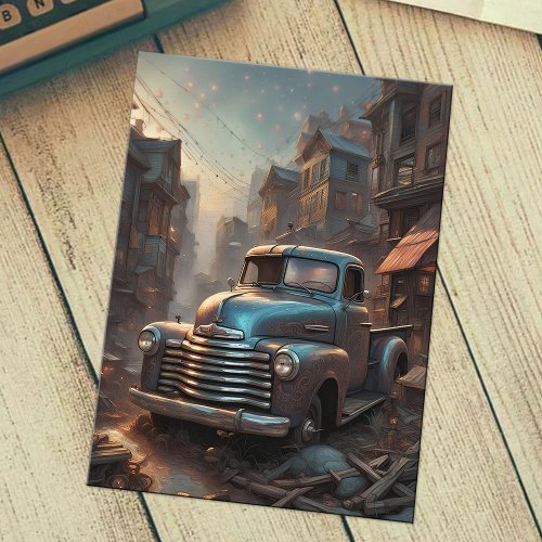 Cool Blue Classic Pickup Truck Vintage Fantasy Art Postcard