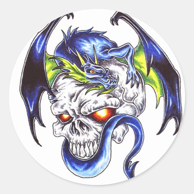 Cool Blue dragon and skull tattoo style sticker (Front)