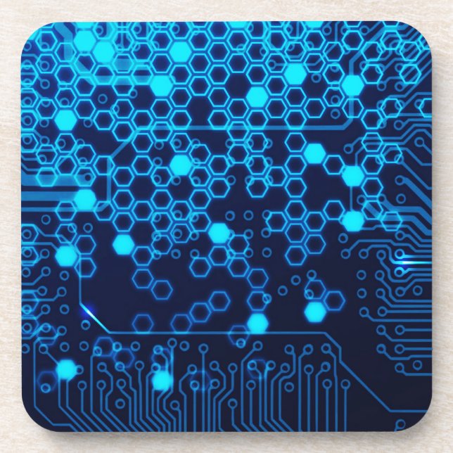 Cool Blue Electronic Circuit Board Hexagon Pattern Beverage Coaster (Front)