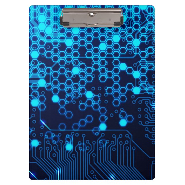 Cool Blue Electronic Circuit Board Hexagon Pattern Clipboard (Front)