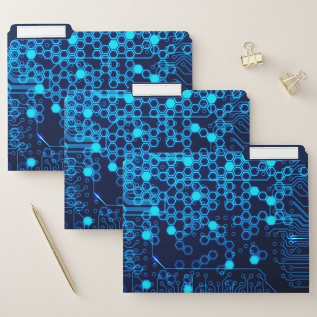 Cool Blue Electronic Circuit Board Hexagon Pattern File Folder (Set)