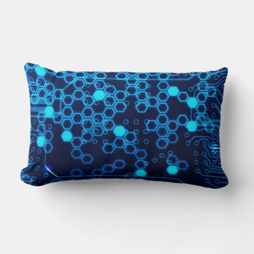 Cool Blue Electronic Circuit Board Hexagon Pattern Lumbar Pillow