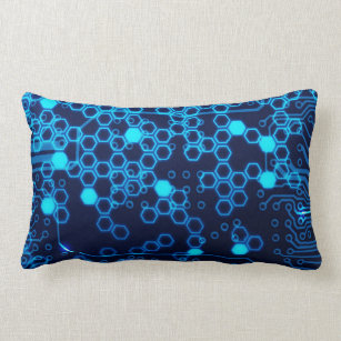 Cool Blue Electronic Circuit Board Hexagon Pattern Lumbar Pillow