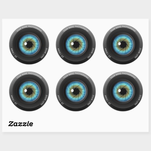 Cool Blue Eye Camera Lens Custom Name Photographer Classic Round Sticker
